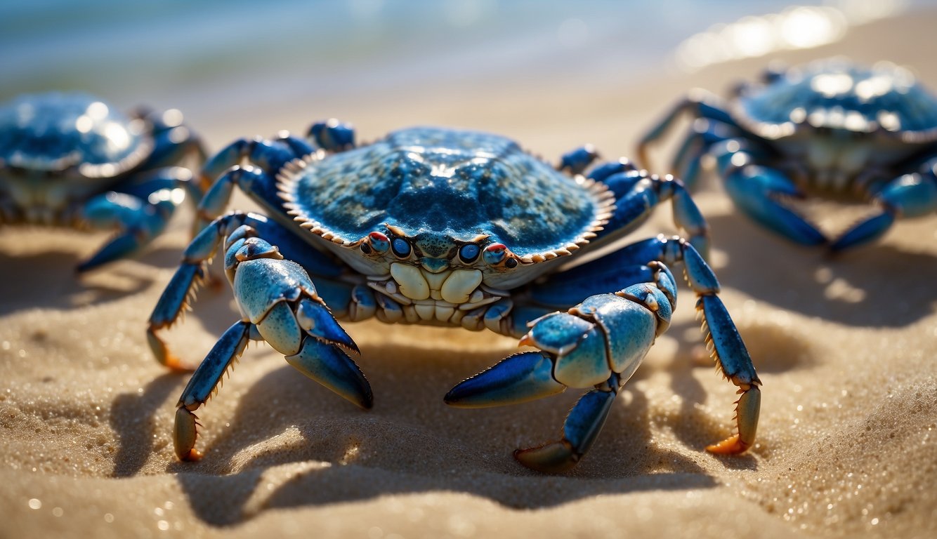 Blue crabs scuttle across the sandy seashore, their vibrant blue shells catching the sunlight as they dip and glide through the crystal-clear water