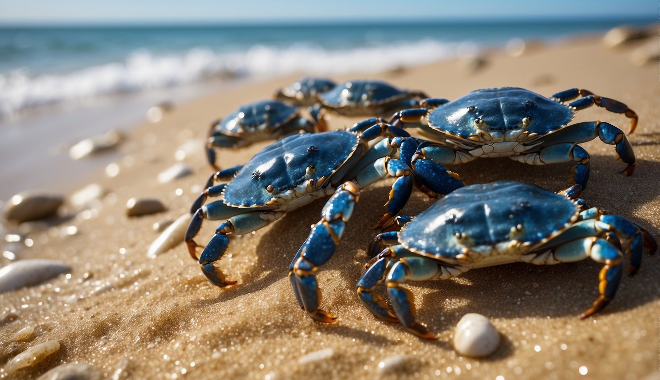 A group of blue crabs scuttling along the sandy seashore, their vibrant blue shells contrasting against the golden beach and sparkling ocean waves