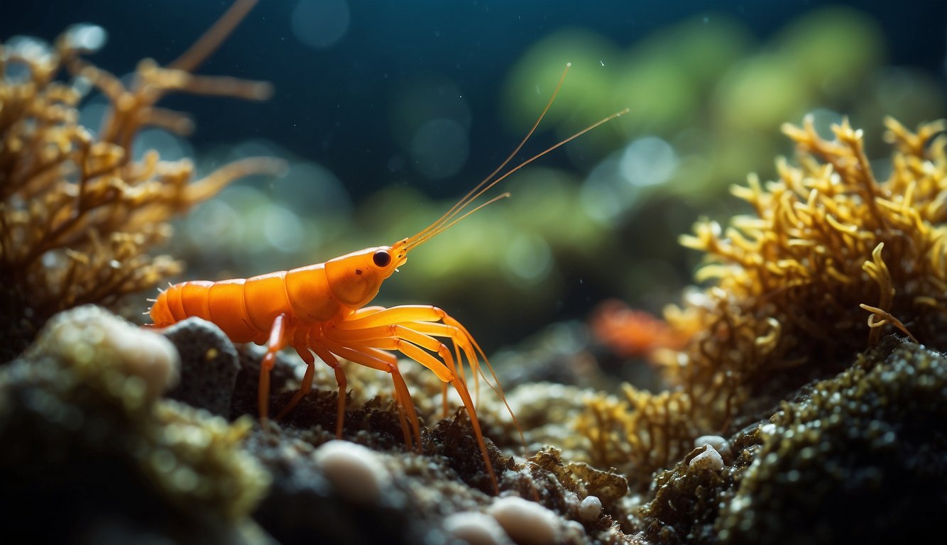 Tiny shrimps scuttle among colorful seaweed, darting around miniature caves and crevices in a vibrant rockpool ecosystem