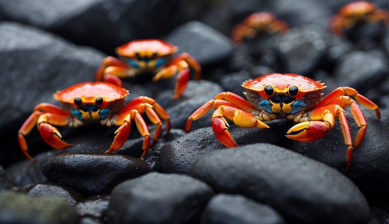Vibrant Sally Lightfoot crabs scurry across volcanic rocks, their bright red, yellow, and blue shells creating a stunning contrast against the dark, rugged terrain