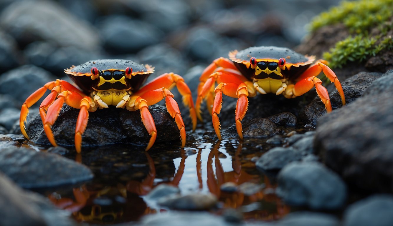 Sally Lightfoot crabs scurry across the rocky shore, feasting on algae and small invertebrates.

Their vibrant red, orange, and yellow shells stand out against the dark volcanic rocks