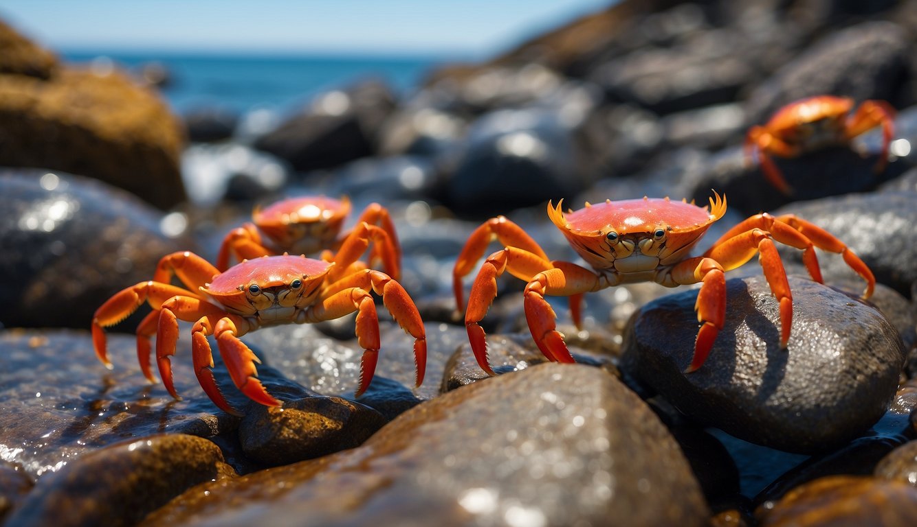 Sally Lightfoot crabs scuttle across the rocky shoreline, their vibrant red, orange, and yellow shells glistening in the sunlight.

Waves crash against the jagged rocks as the crabs dart in and out of crevices, showcasing their