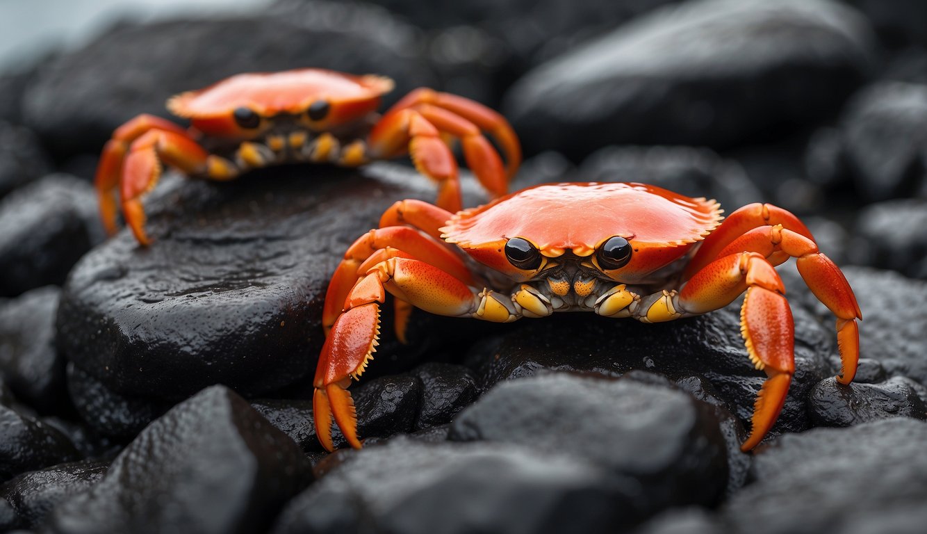 Sally Lightfoot crabs scuttle across volcanic rocks, their vibrant red and orange shells contrasting with the black lava.

Waves crash against the shore, as the crabs navigate the rugged terrain, showcasing the delicate balance between nature and human impact in the