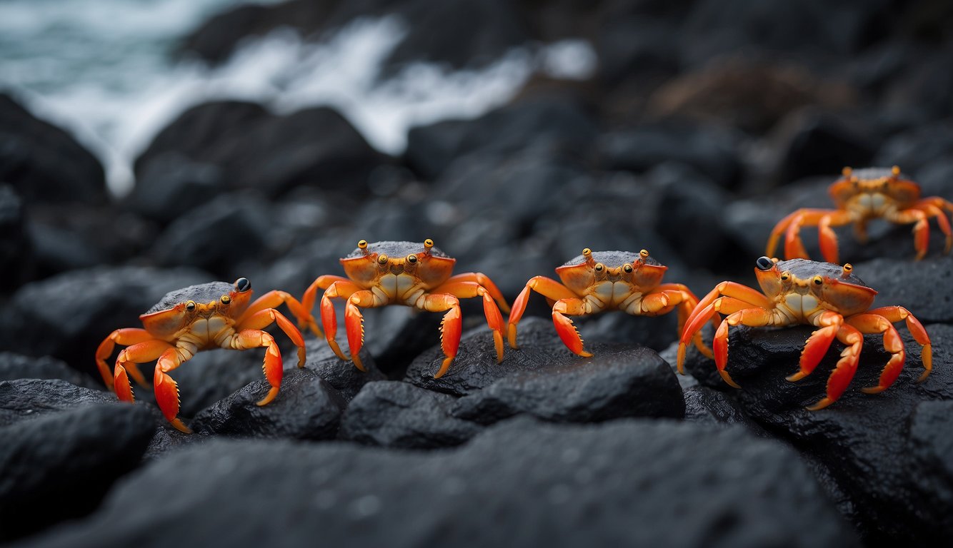 Vibrant Sally Lightfoot crabs scuttle across black volcanic rocks in the Galapagos, their bright red, yellow, and blue shells standing out against the dark backdrop.

Waves crash in the background as the agile creatures move with speed and agility