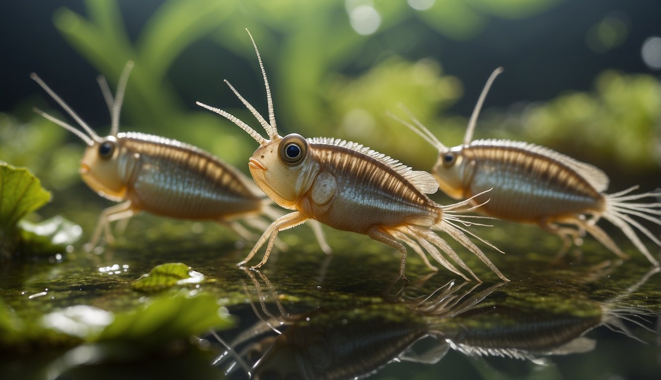 A trio of triops swim in a prehistoric freshwater pond, their three eyes gleaming as they navigate through the ancient aquatic plants
