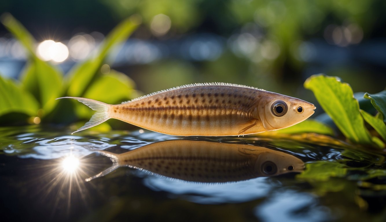 A triops swims through a freshwater pond, its three eyes scanning the environment.

Sunlight filters through the water, illuminating the creature's translucent body and the plants below