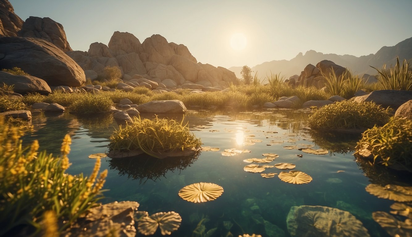 A prehistoric lake teems with ancient Triops, swimming among aquatic plants and rocky formations, under a golden sun