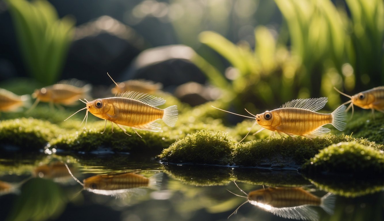 A group of Triops swim in a freshwater pond, surrounded by aquatic plants and rocks.

The sun shines down, casting dappled light on the water's surface