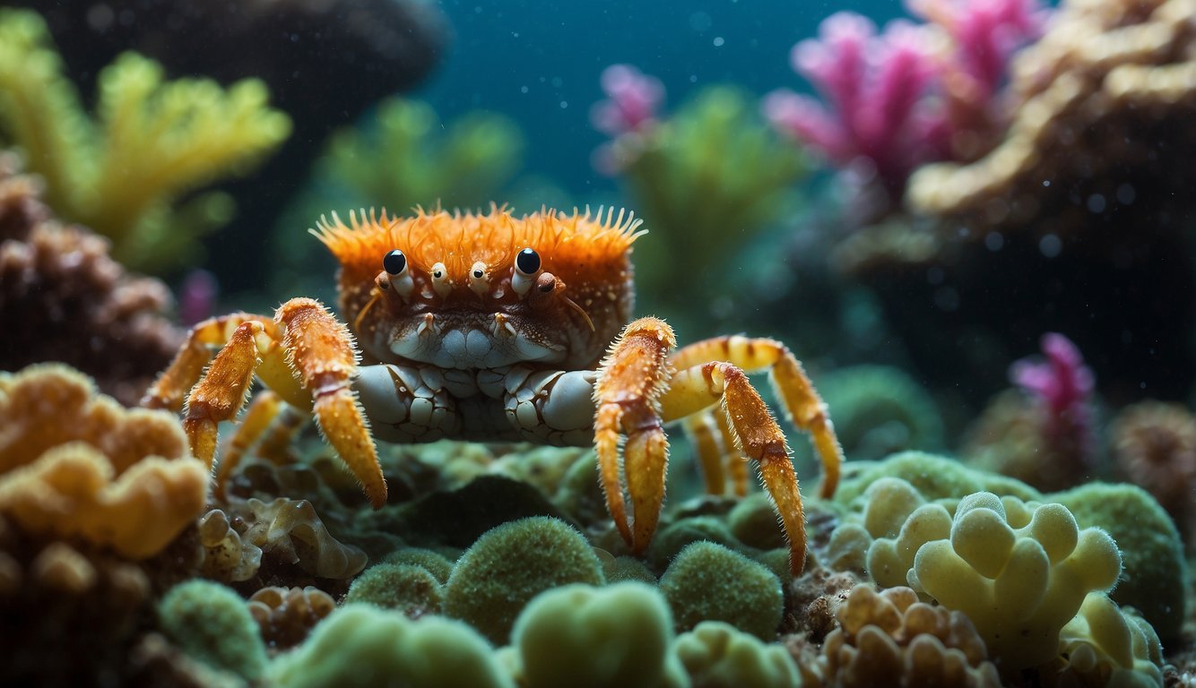 Decorator crabs adorned with colorful sponges and algae, blending seamlessly into their underwater surroundings