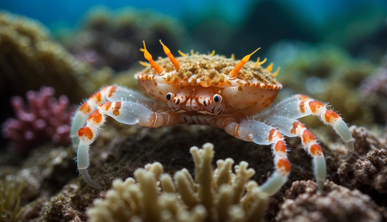 A colorful decorator crab adorns its shell with vibrant seaweed and coral, blending seamlessly into the ocean floor
