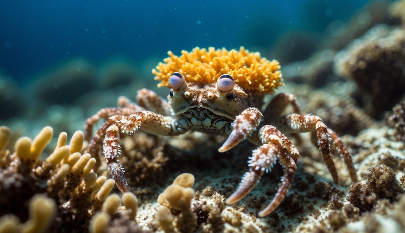 Colorful decorator crabs blend into vibrant coral reef, adorning themselves with sponges, algae, and other marine debris.

Sunlight filters through crystal-clear water, illuminating the intricate details of their camouflage