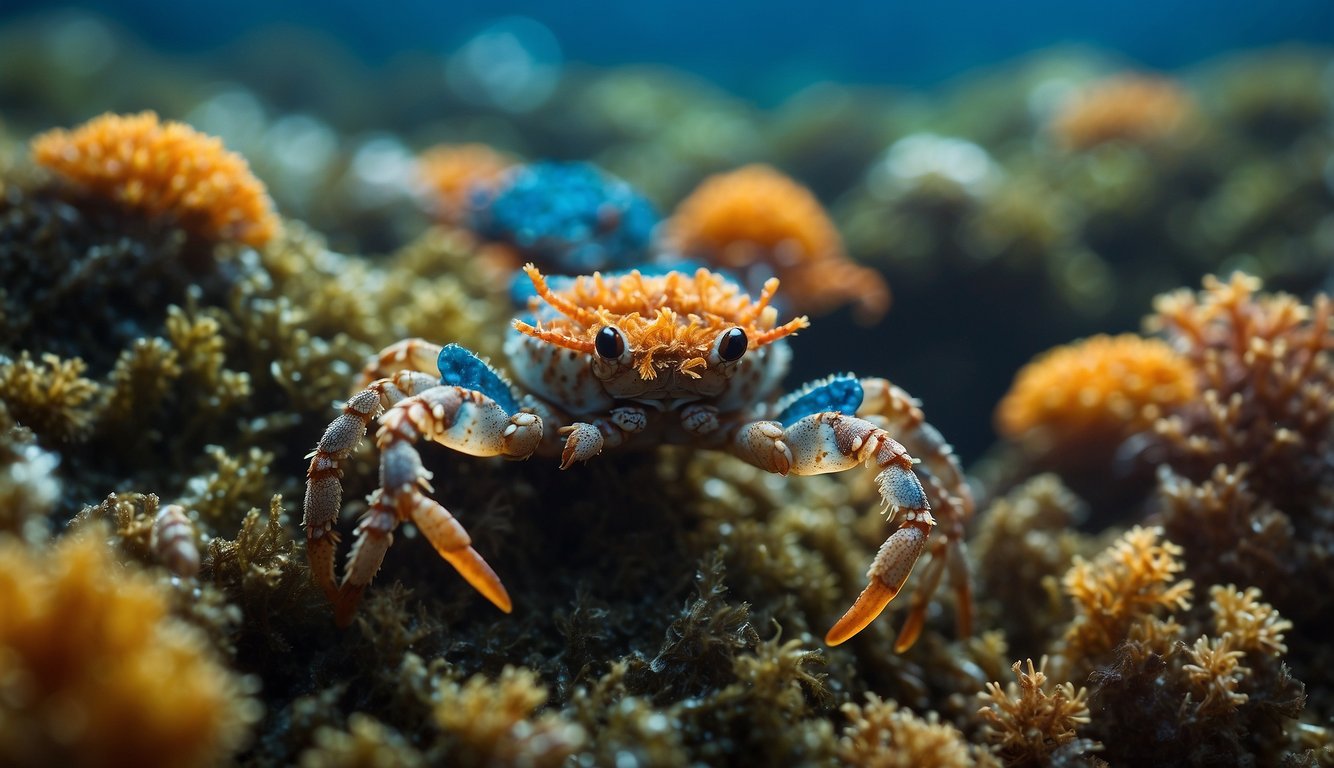 A group of decorator crabs adorning themselves with colorful seaweed and shells, creating a vibrant and intricate display as they move through the ocean floor