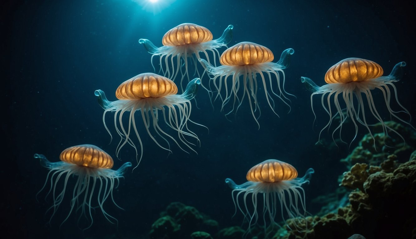 A group of Dumbo octopods gracefully glides through the dark depths of the ocean, their translucent bodies illuminated by the eerie glow of bioluminescent creatures