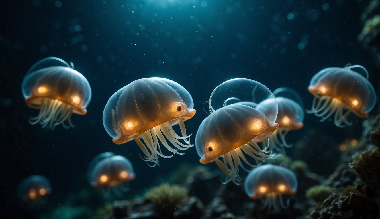 A group of Dumbo octopods gliding gracefully through the dark depths of the ocean, their translucent bodies illuminated by the soft glow of bioluminescent creatures
