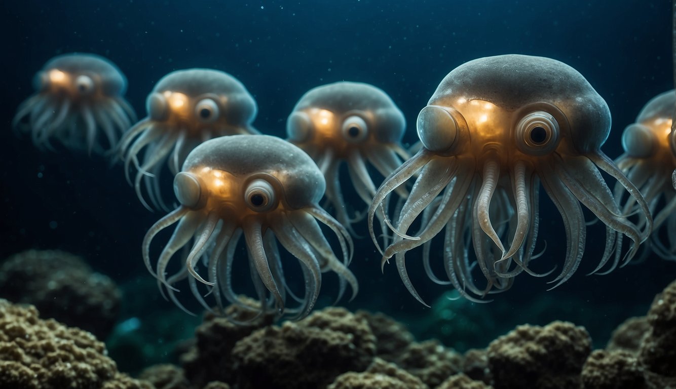 A group of Dumbo octopods, with large ear-like fins, swim gracefully in the deep, dark ocean, their translucent bodies glowing in the dim light