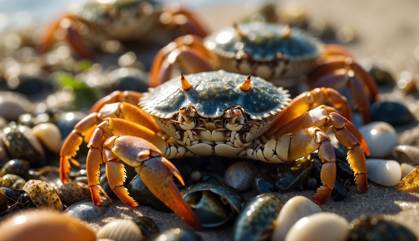 A group of colorful crabs scuttle across a sandy beach, their shells glistening in the sunlight.

They are surrounded by an array of seaweed, shells, and other marine life, showcasing their natural habitat