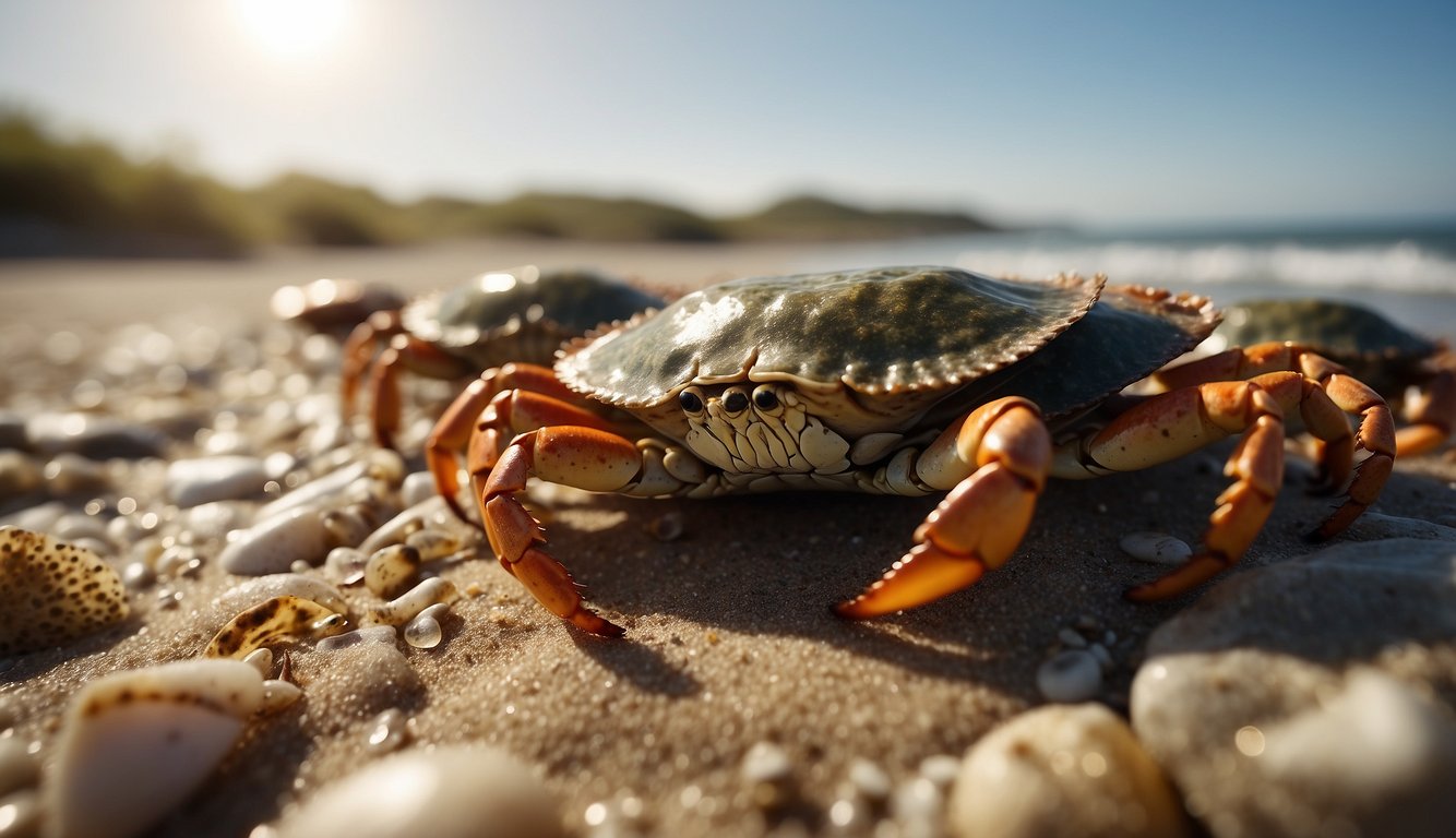 A group of colorful crabs scuttle across a sandy beach, their claws snapping at the air.

Seaweed and shells litter the shore, while the sun glistens on the waves in the background