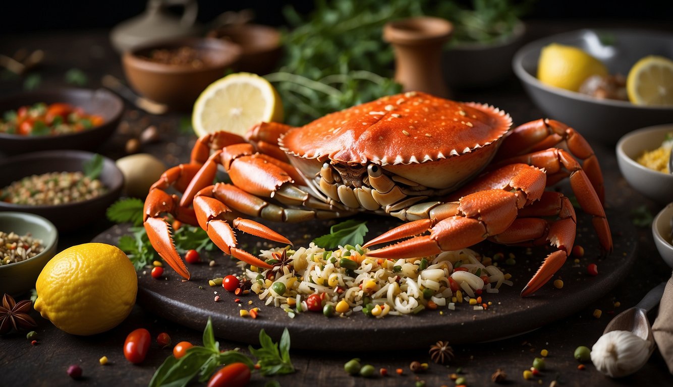 A table spread with steamed crabs, surrounded by colorful spices and herbs.

A chef's knife and lemon slices sit nearby