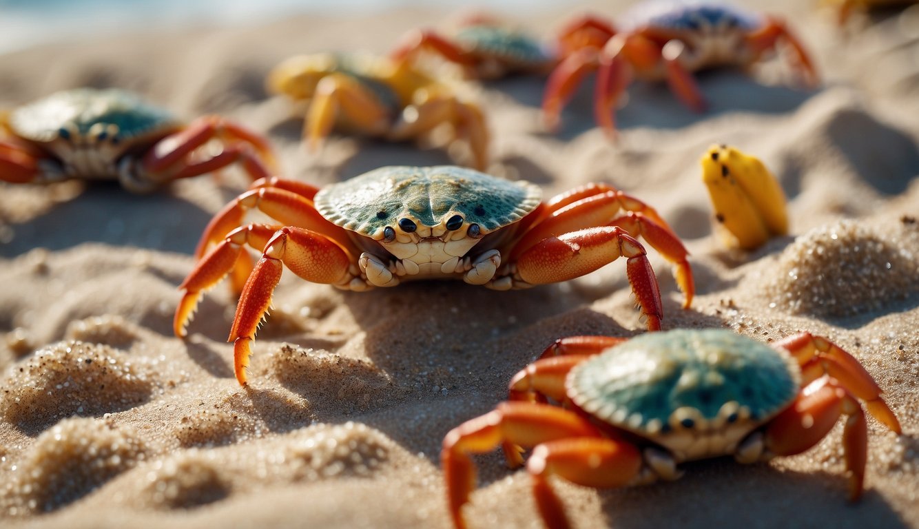 A group of colorful crabs scuttle across a sandy beach, their claws raised in excitement.

A variety of delicious-looking foods surround them, adding to their allure