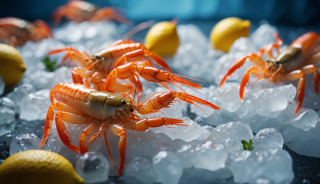 A group of langoustines rest on a bed of ice, their vibrant orange shells glistening in the soft light.

Surrounding them are scattered lemon wedges, fresh herbs, and a sprinkle of sea salt, evoking the essence of the ocean