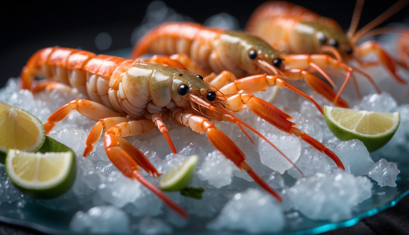A platter of langoustines is presented on a bed of ice, with vibrant colors and delicate, intricate details visible in the shells and tails
