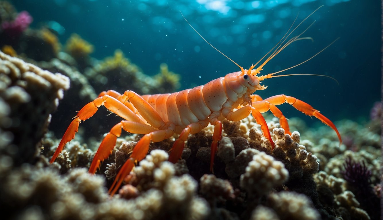 Langoustines sway gracefully among vibrant coral, surrounded by diverse marine life and swaying seaweed.

Sunlight filters through the clear water, illuminating the delicate creatures and creating a tranquil underwater oasis