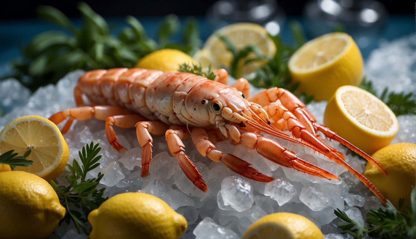 A pile of langoustines displayed on a bed of ice, surrounded by lemon wedges and fresh herbs, with a sign reading "Langoustines: The Delicate Delights of the Deep" prominently displayed
