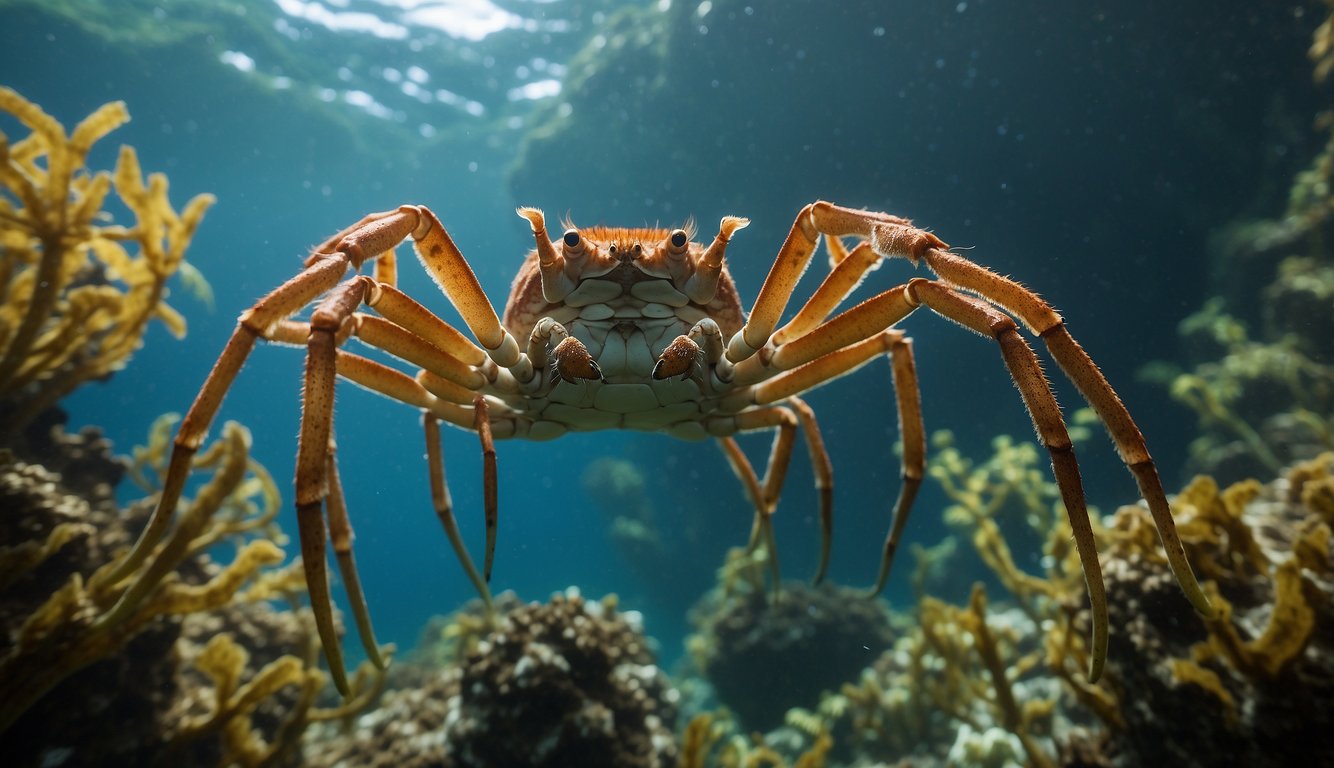 Giant Japanese Spider Crabs peacefully navigate through a vibrant underwater kelp forest, their long, spindly legs delicately weaving through the swaying plants