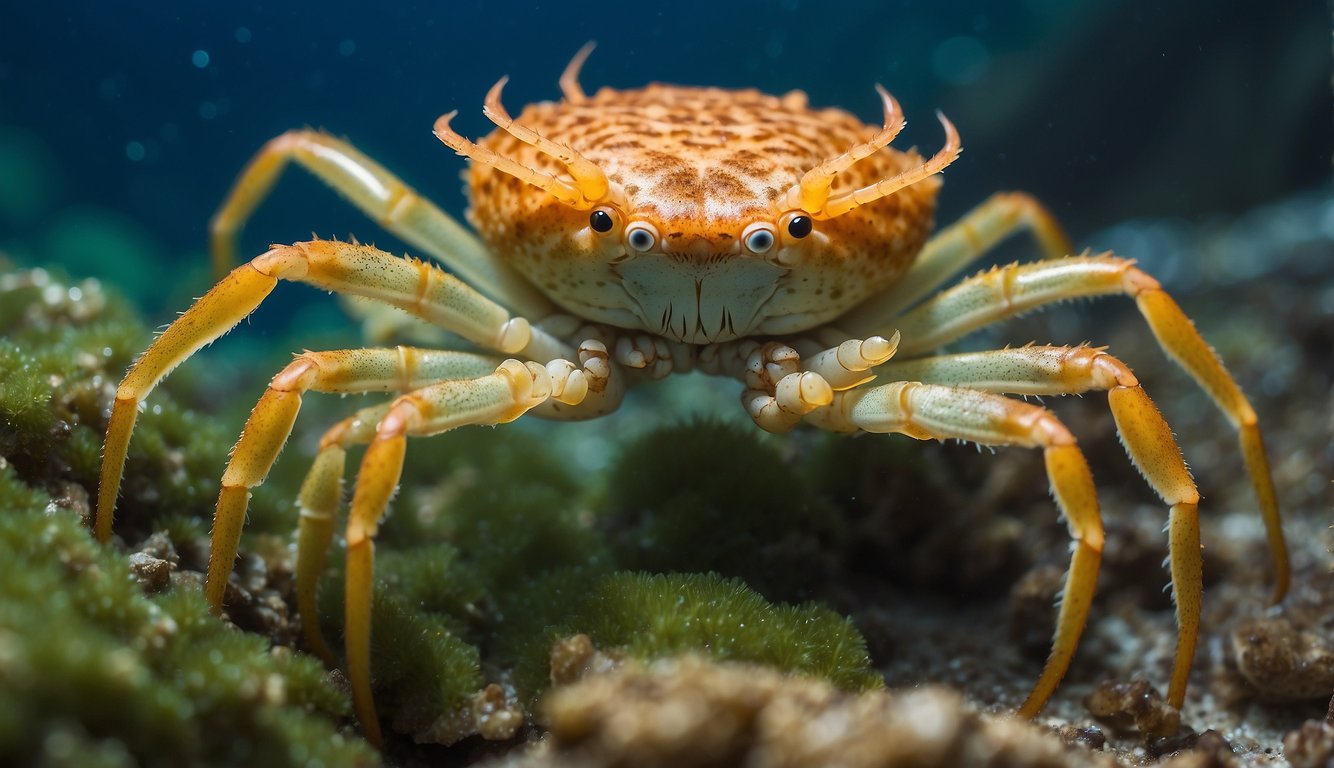 A Japanese spider crab delicately plucks algae from the ocean floor with its long, spindly legs