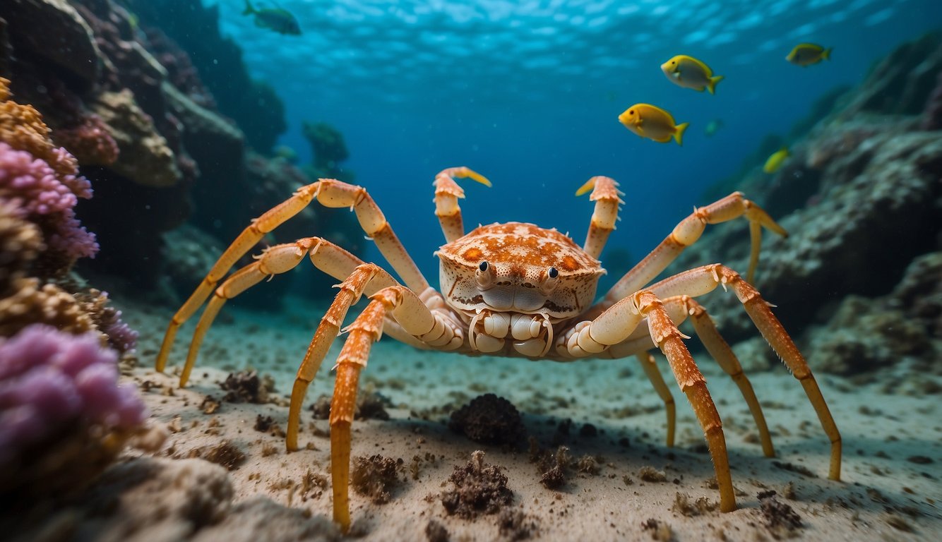 A group of Japanese spider crabs peacefully roam the ocean floor, surrounded by colorful coral and marine life.

Their massive size and gentle movements showcase the beauty and importance of these creatures in their natural habitat