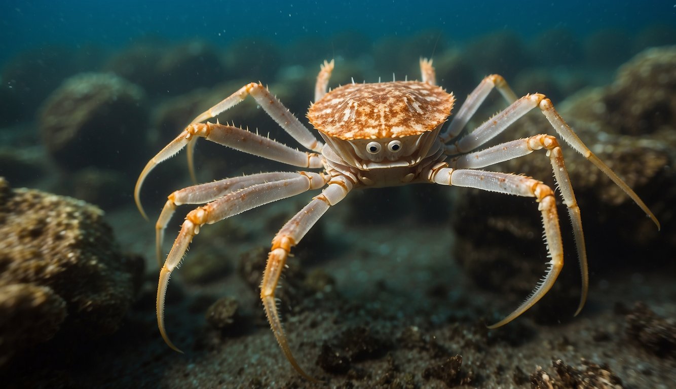 A Japanese spider crab peacefully roams the ocean floor, its long, spindly legs gracefully moving through the water as it searches for food