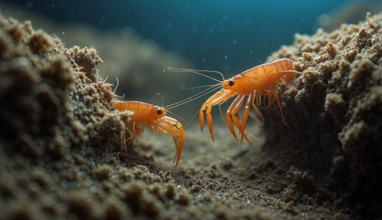 Burrowing shrimps create intricate tunnels in the muddy seabed, leaving behind a network of interconnected pathways and mounds of sediment