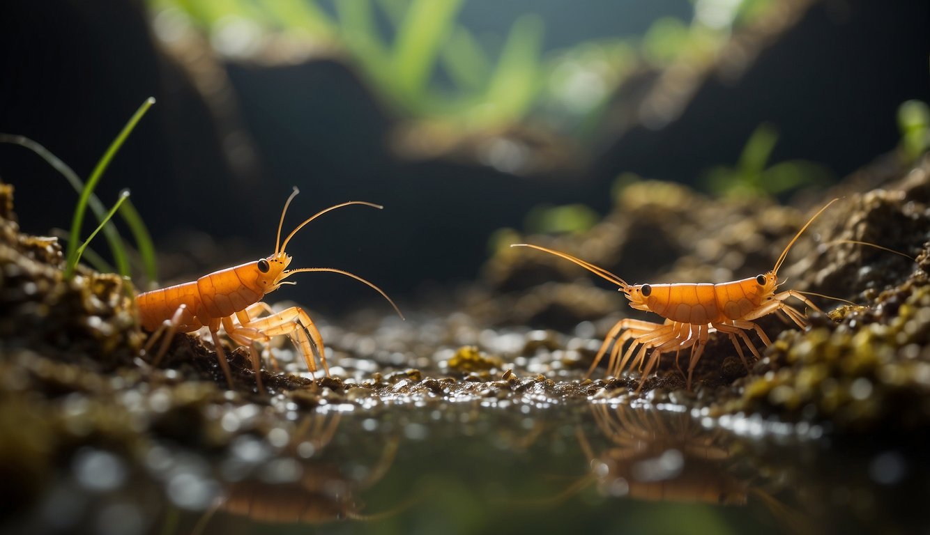 A group of burrowing shrimps navigate through the muddy substrate, creating intricate tunnels and mounds as they search for food and evade potential threats