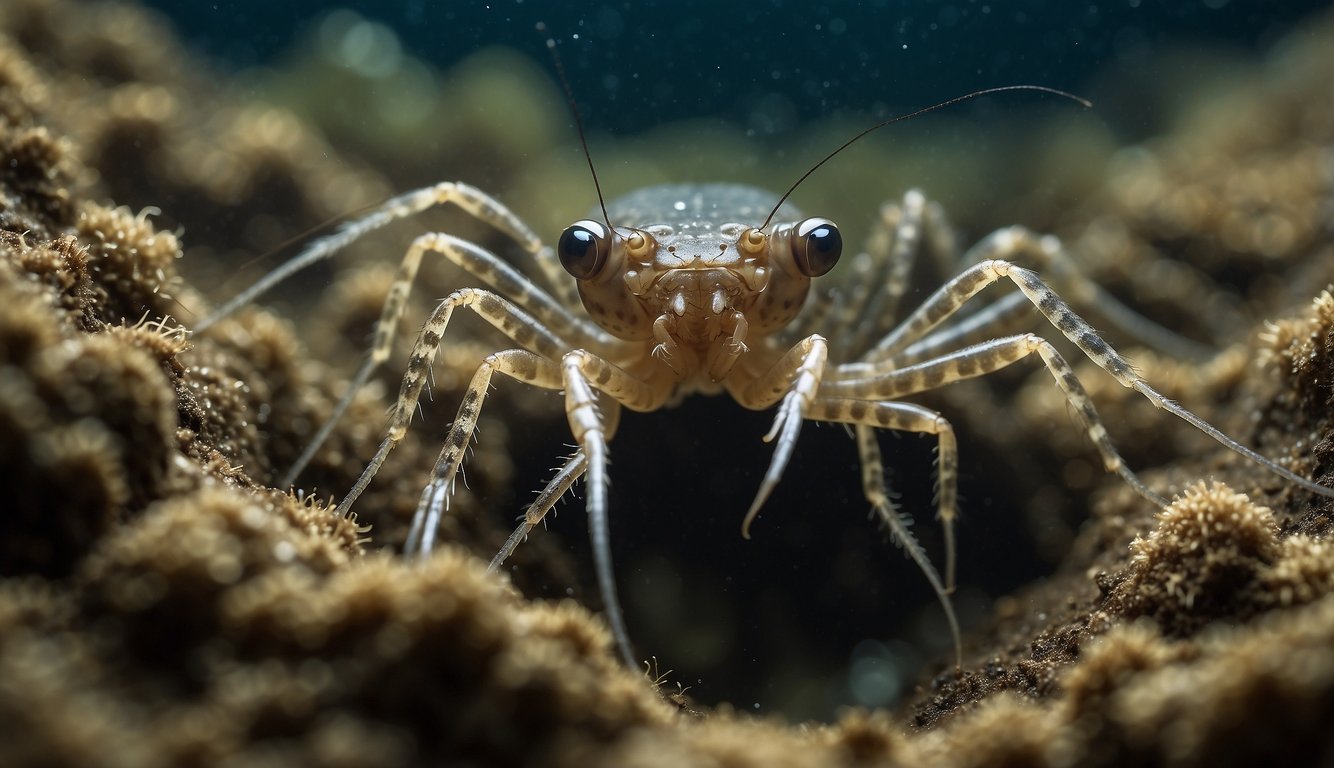 Burrowing shrimps create intricate tunnels in the muddy ocean floor, their movements leaving swirling patterns in the sediment