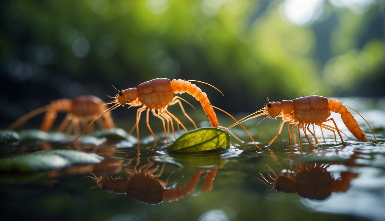 A group of vampire shrimps peacefully gliding through the river, their translucent bodies shimmering in the dappled sunlight, surrounded by lush aquatic plants and gently flowing water