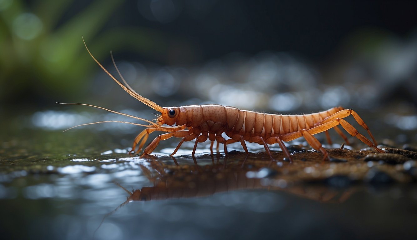 A Vampire Shrimp emerges from the murky riverbed, its long antennae swaying as it moves gracefully through the water, showcasing its unique and otherworldly appearance