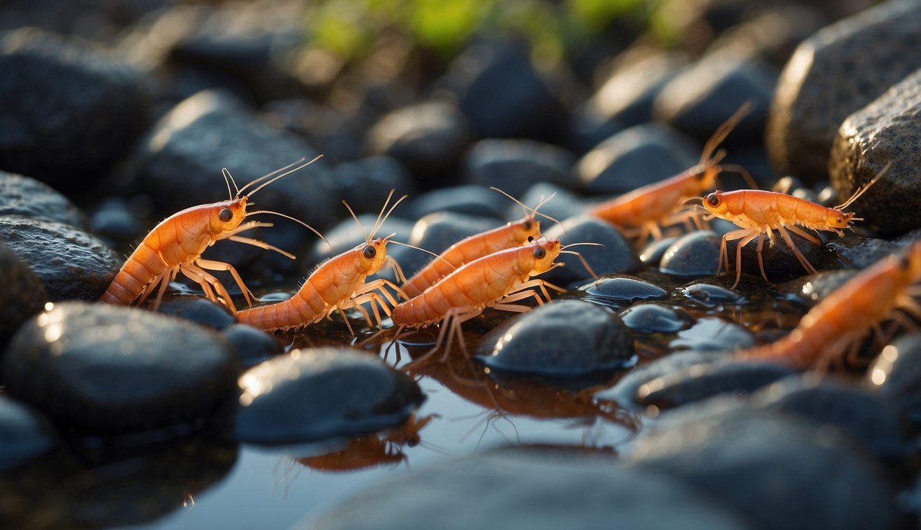 A group of vampire shrimps gather on the riverbed, laying clusters of eggs among the rocks.

The adults guard the eggs, while the young shrimps swim freely in the water