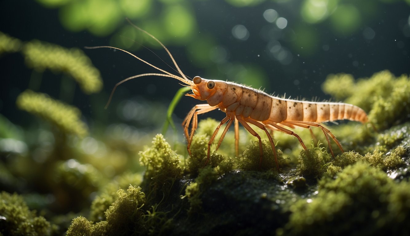 A group of vampire shrimps peacefully filter feeding on algae-covered rocks in the gentle currents of a river, surrounded by lush green vegetation and dappled sunlight