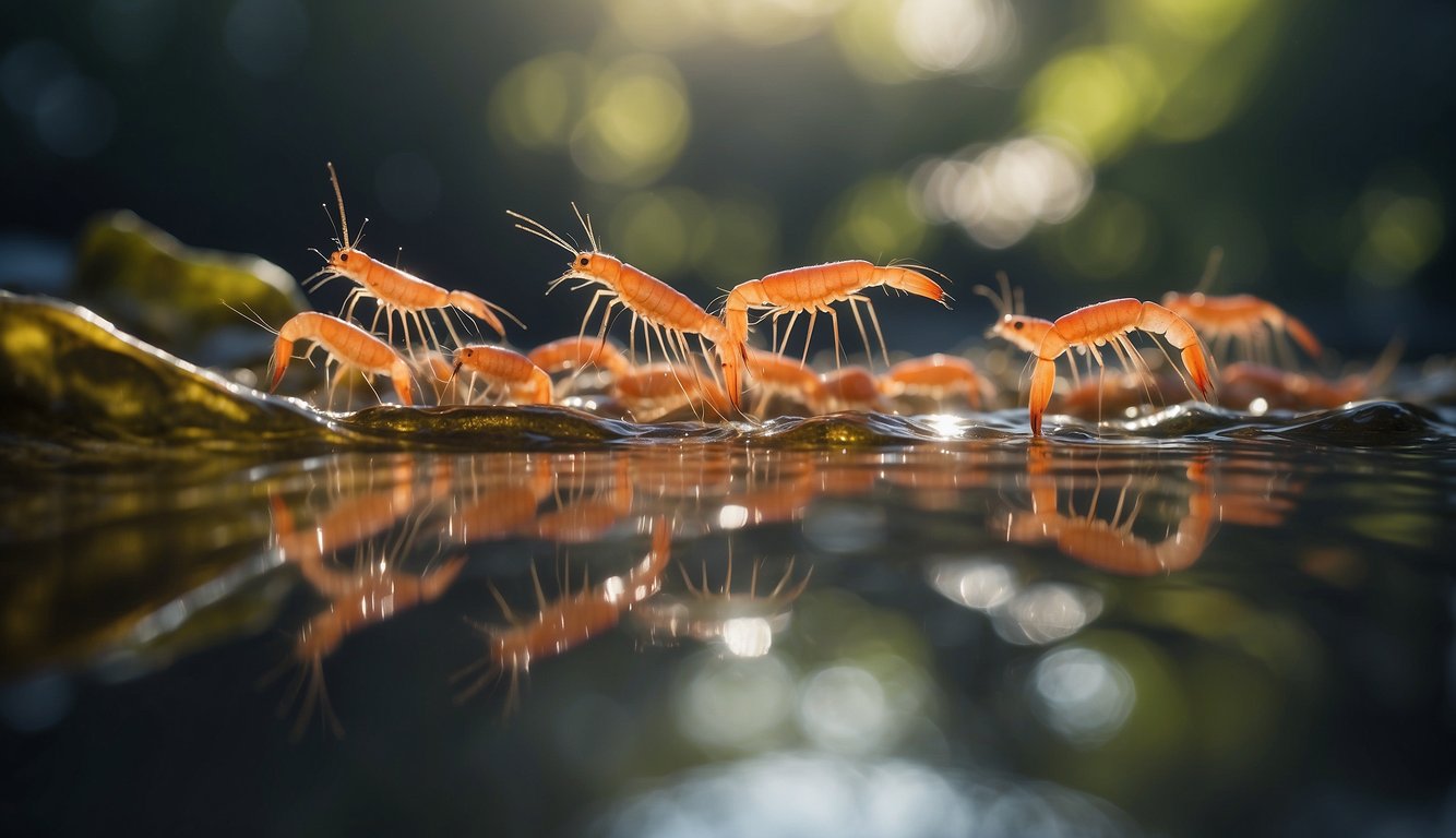 A group of vampire shrimps peacefully gliding through the river, their large, translucent bodies shimmering in the sunlight as they filter feed on tiny organisms in the water