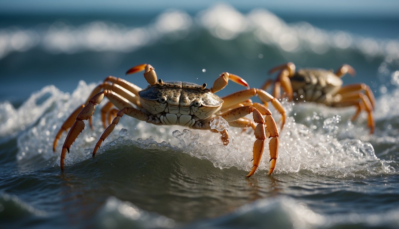 A group of crabs scuttle swiftly through the ocean currents, their legs propelling them forward in a race against the swirling water