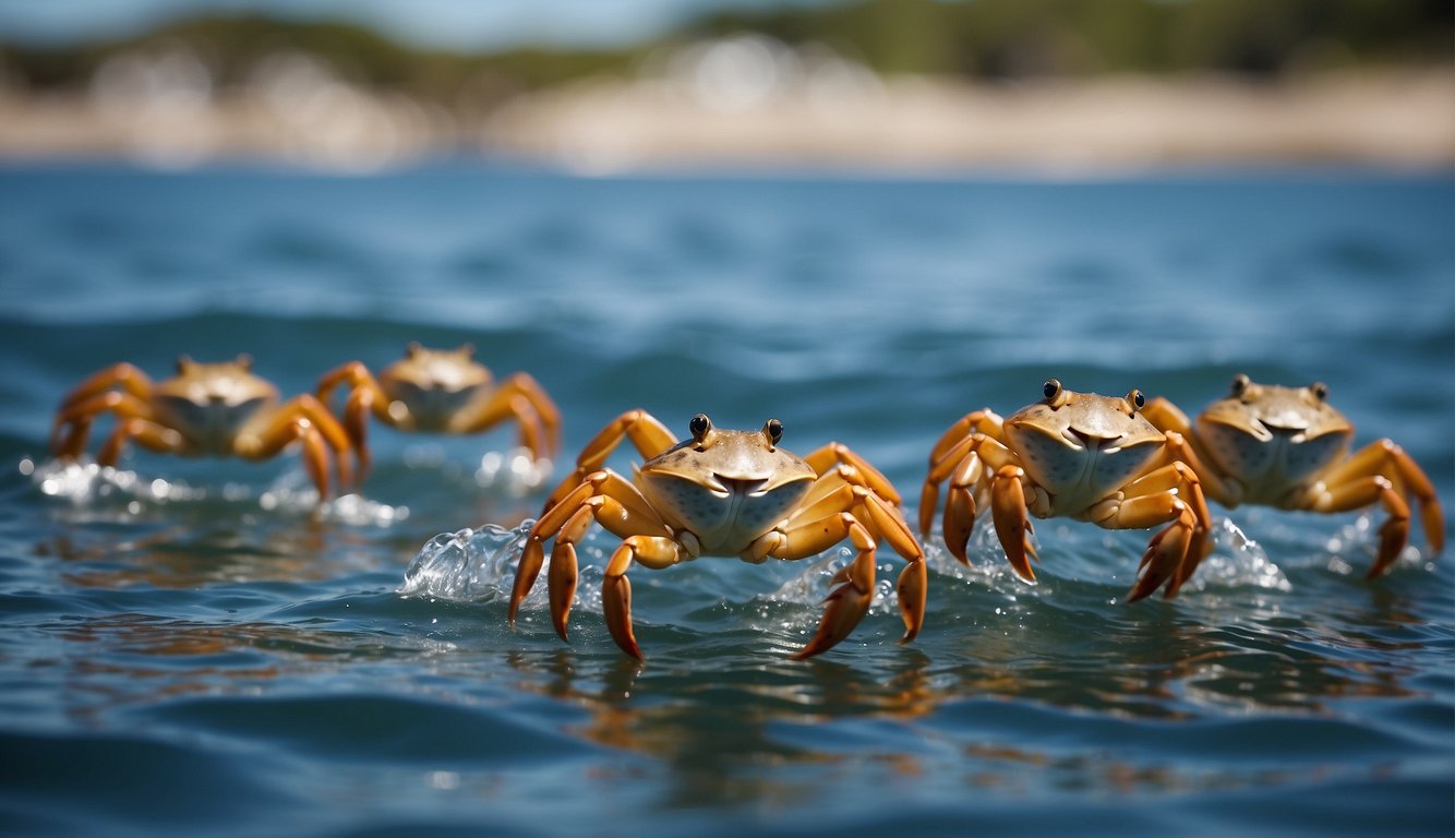 A group of swimming crabs racing through the ocean currents, with their sleek bodies and sharp claws cutting through the water with speed and agility