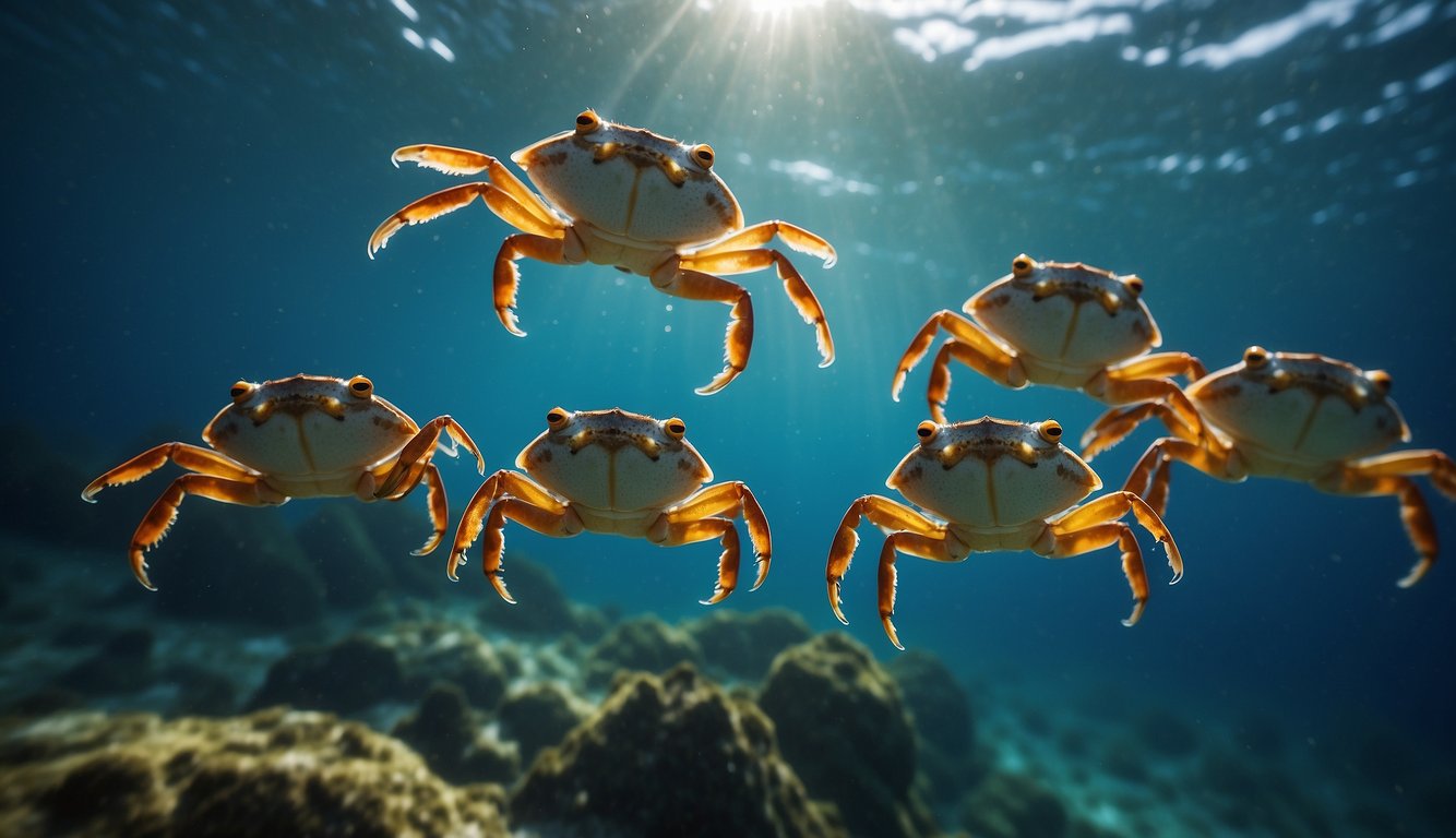 A group of swimming crabs dart through the ocean currents, their sleek bodies propelling them forward with agile grace.

The water around them is alive with motion as they navigate their way through their oceanic habitat