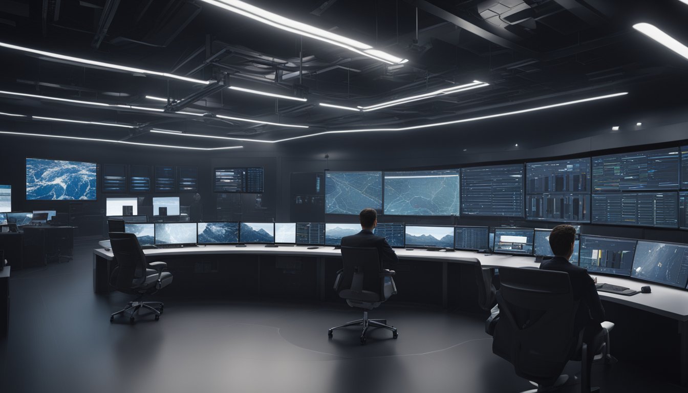 A high-tech control room with monitors and a team of experts analyzing data and strategizing to protect the 2024 election