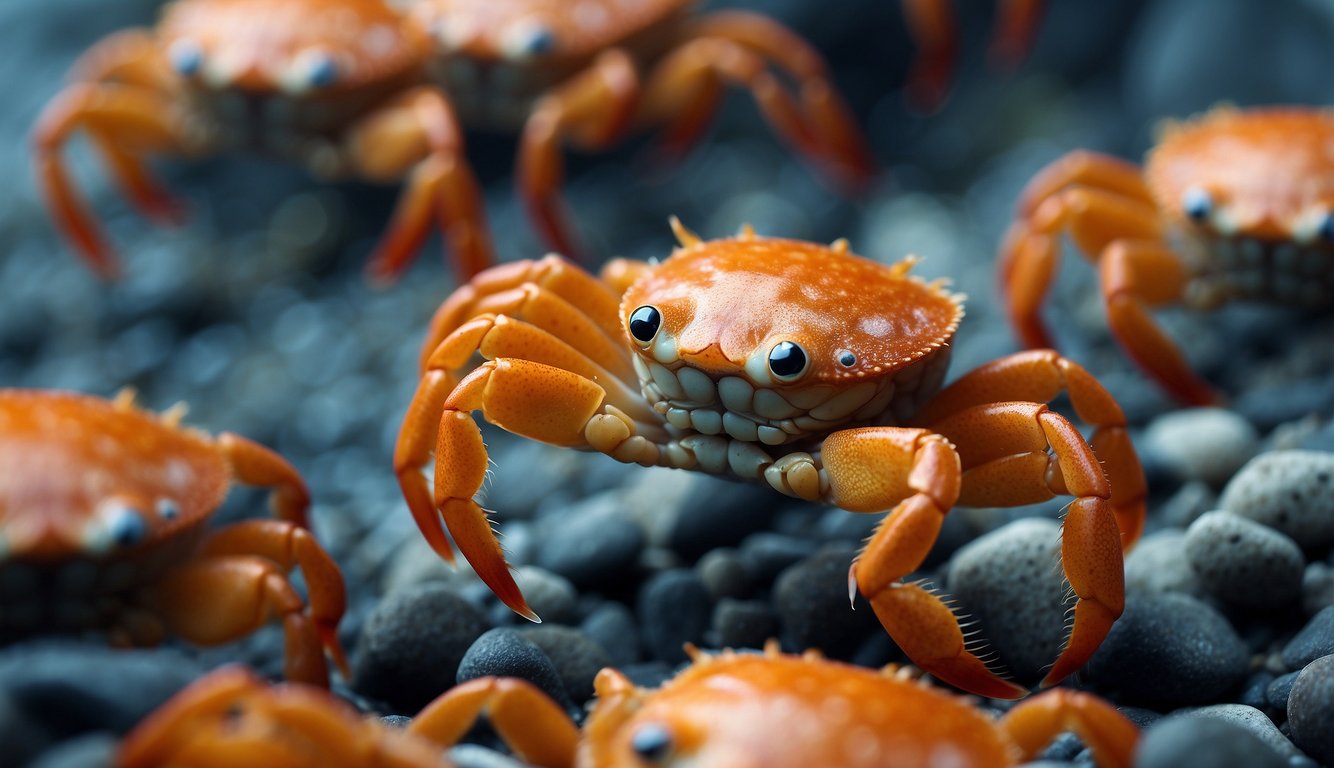 Signal crabs raise their claws in a rhythmic pattern, creating a visual display of communication on the ocean floor