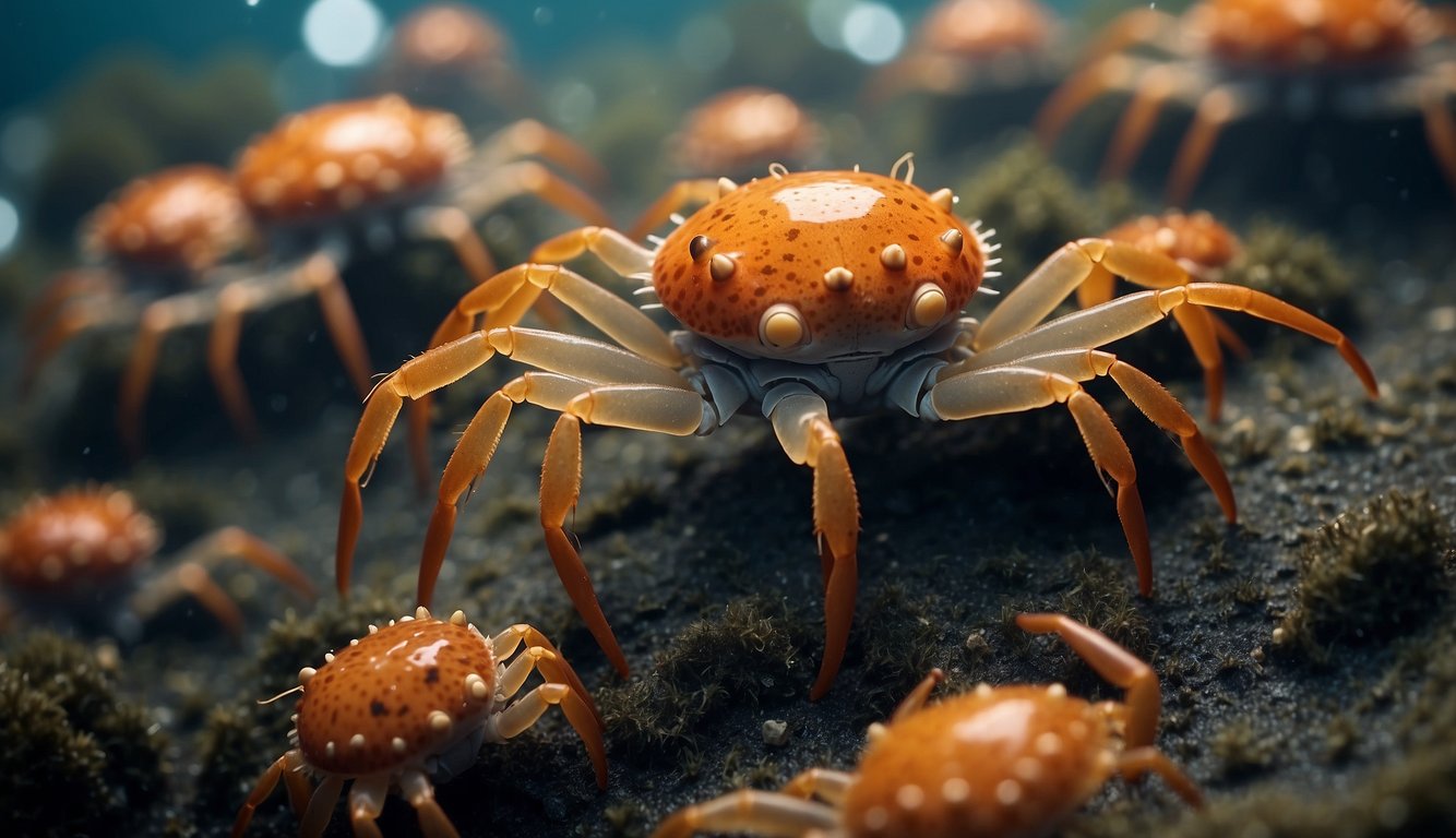 A group of signal crabs on the ocean floor, using their pincers to wave and create intricate patterns to communicate with each other
