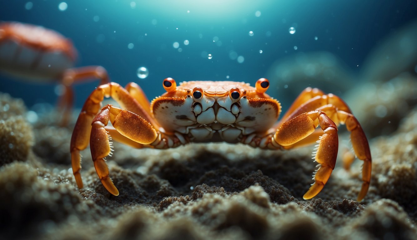 Signal Crabs, with their pincers raised, create a wave-like motion to communicate with each other on the ocean floor