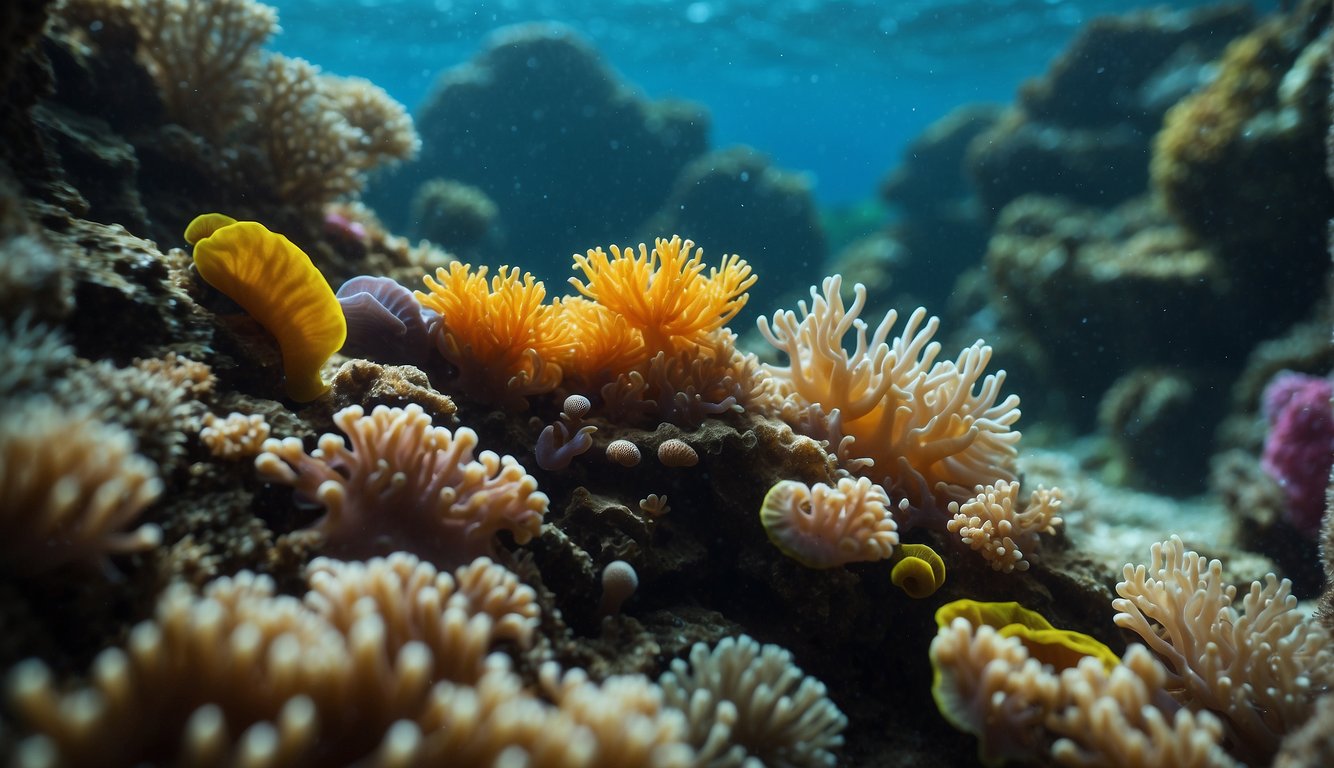 A vibrant coral reef teeming with sea slugs and snails, their colorful bodies gliding gracefully among the swaying seaweed and vibrant coral formations