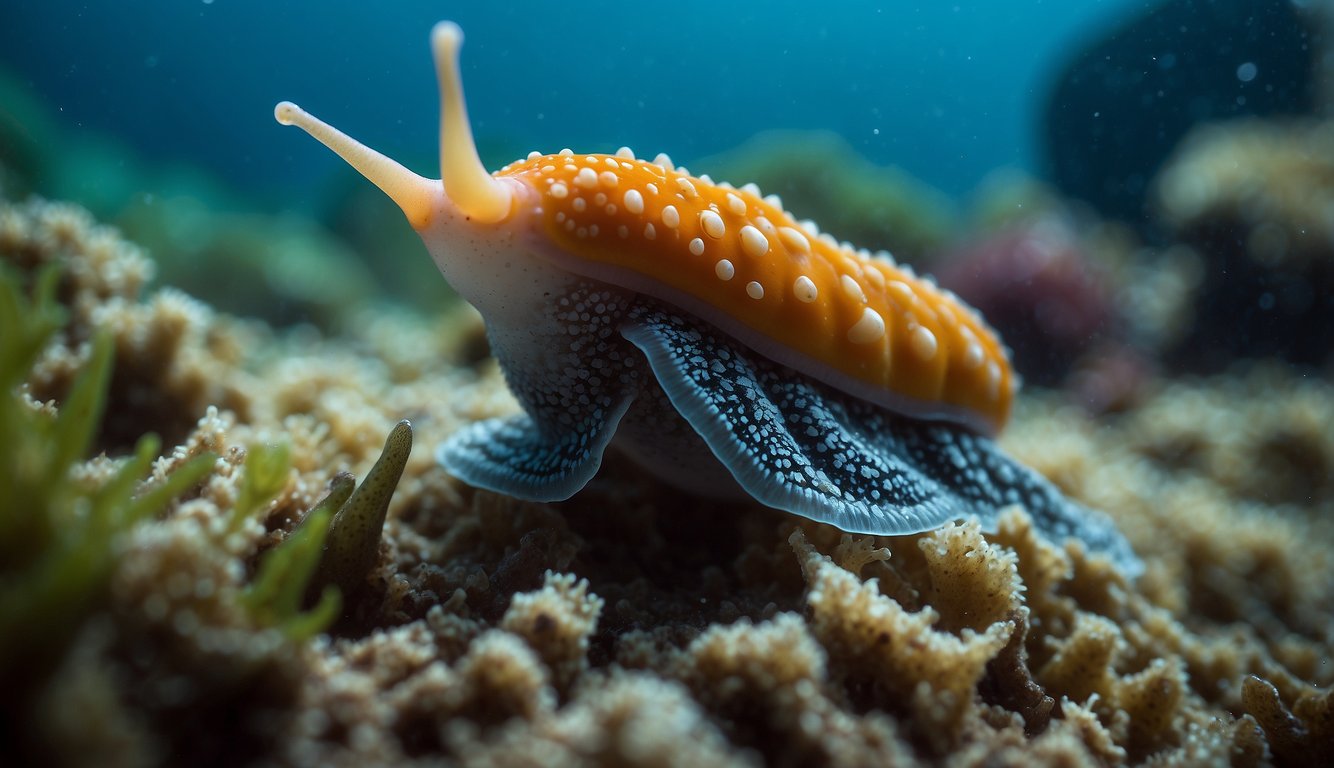 Colorful sea slugs and snails roam the ocean floor, feasting on algae and small prey.

A vibrant underwater world filled with intricate patterns and vibrant hues
