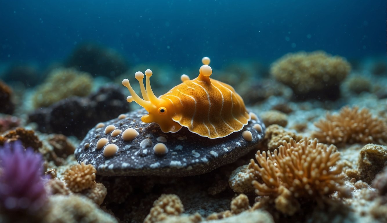 A sea slug lays eggs on a rocky ocean floor, while sea snails crawl along the colorful coral reef, completing their life cycle