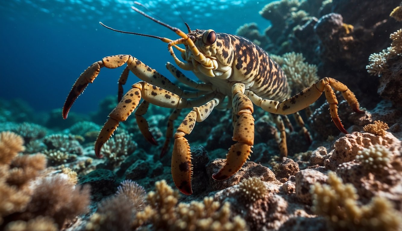 Reef lobsters scuttle among vibrant coral, evading predators and seeking refuge in intricate crevices.

Their iridescent shells shimmer in the dappled sunlight, a hidden gem of the coral reef